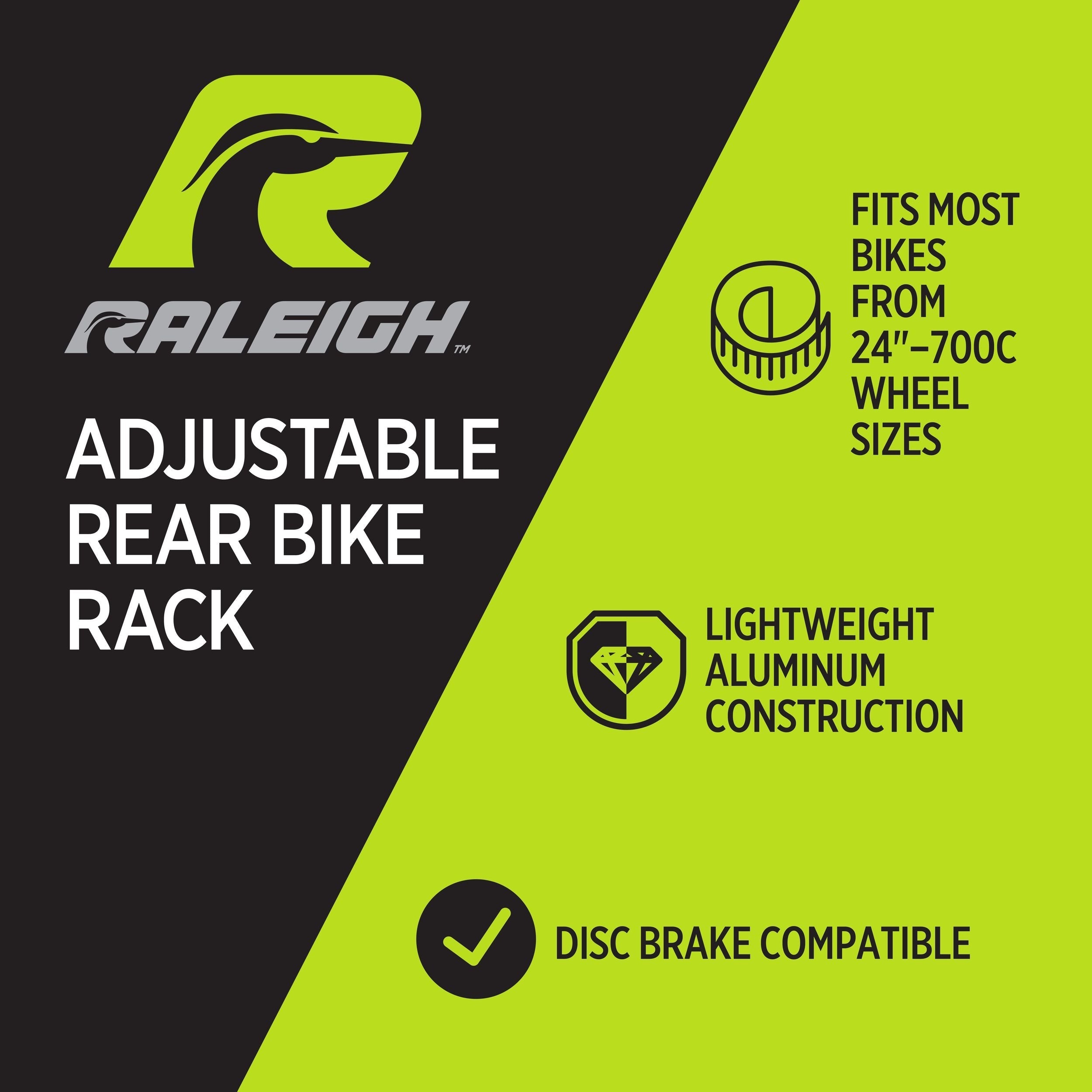 Raleigh Adjustable Rear Bike Rack, Lightweight, Aluminum, Black