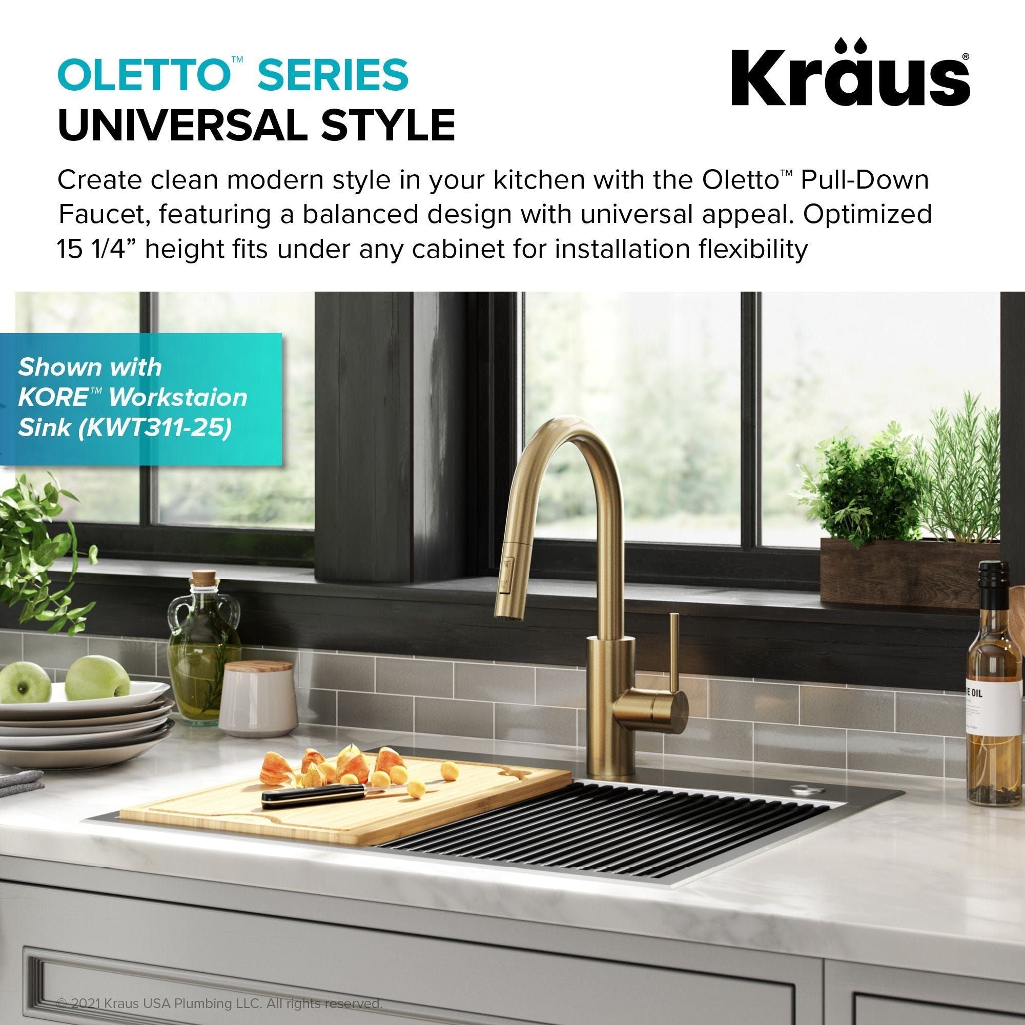 Kraus Oletto Pull-Down Single Handle Kitchen Faucet with QuickDock Top Mount Installation Assembly, Spot Free Antique Champagne Bronze