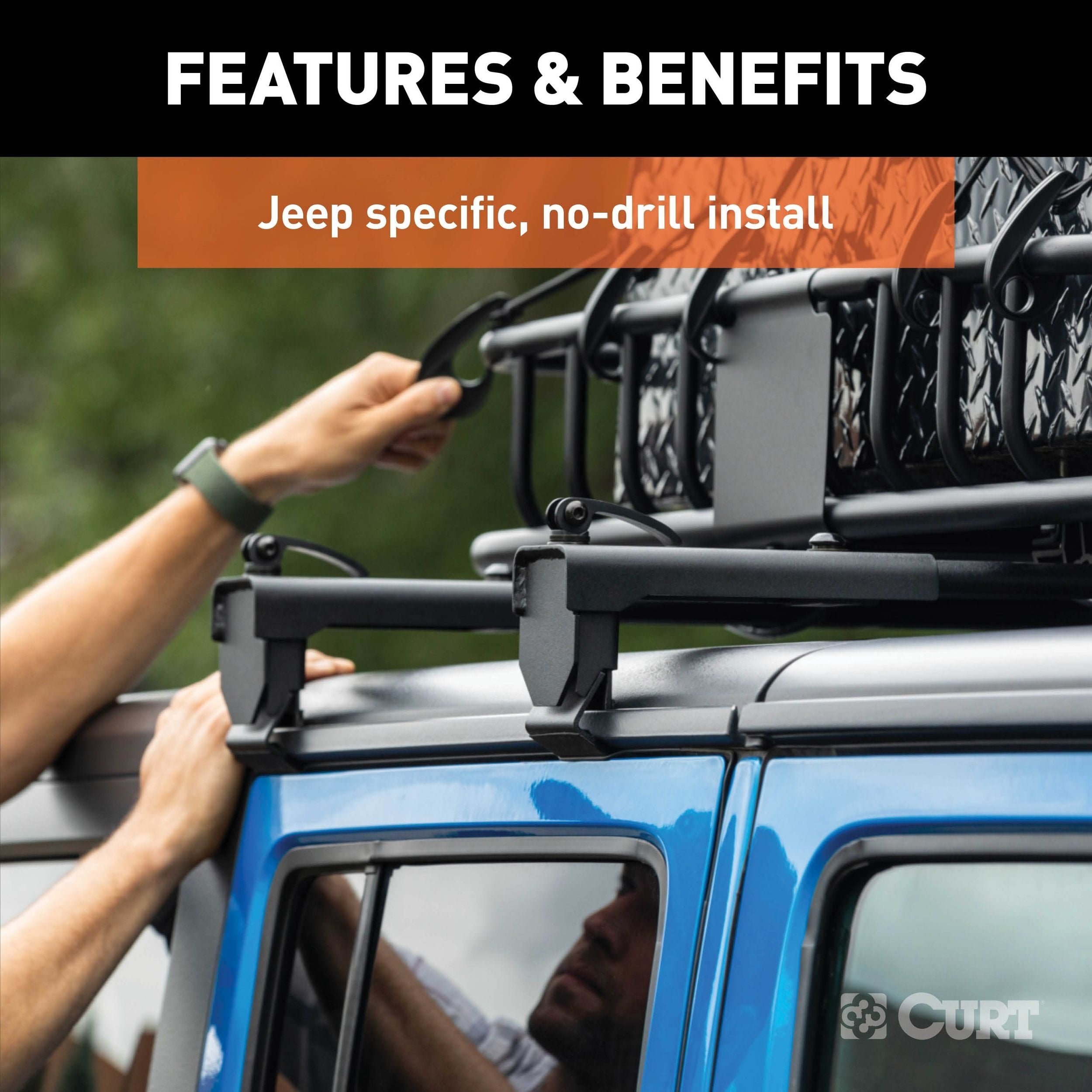 CURT 18119 Quick-Release Roof Rack Crossbars, Black Steel, Select Jeep Wrangler JK