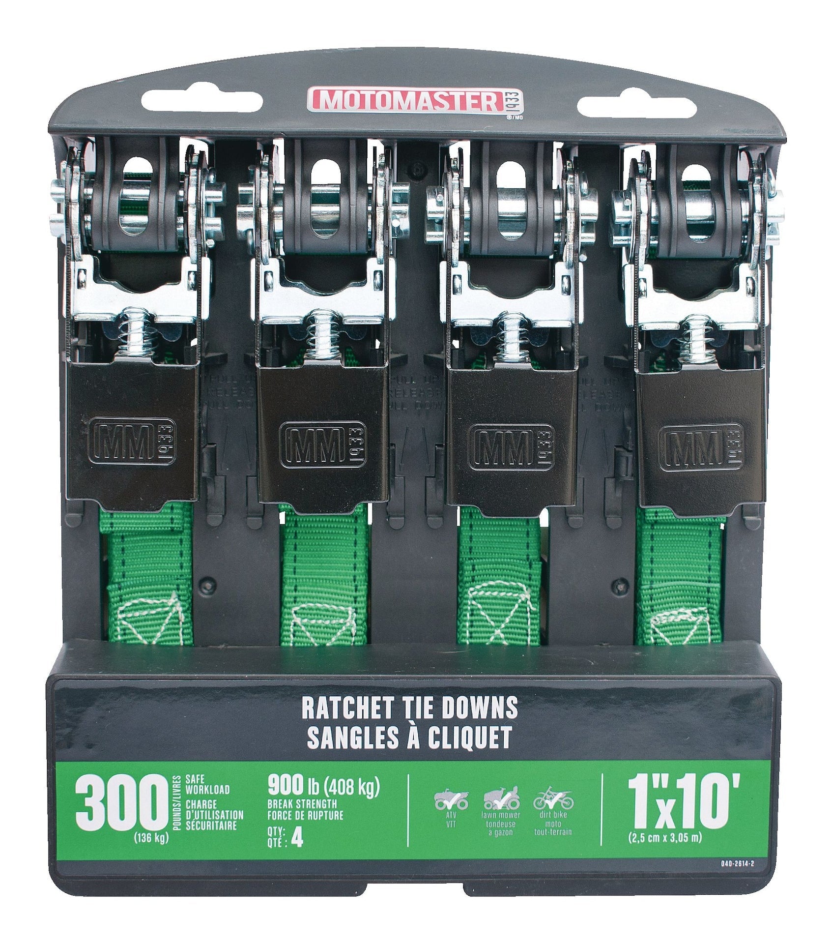 MotoMaster 900-lb Ratchet Tie-Down Straps, Non-Padded, 1-in x 10-ft, 4-pk