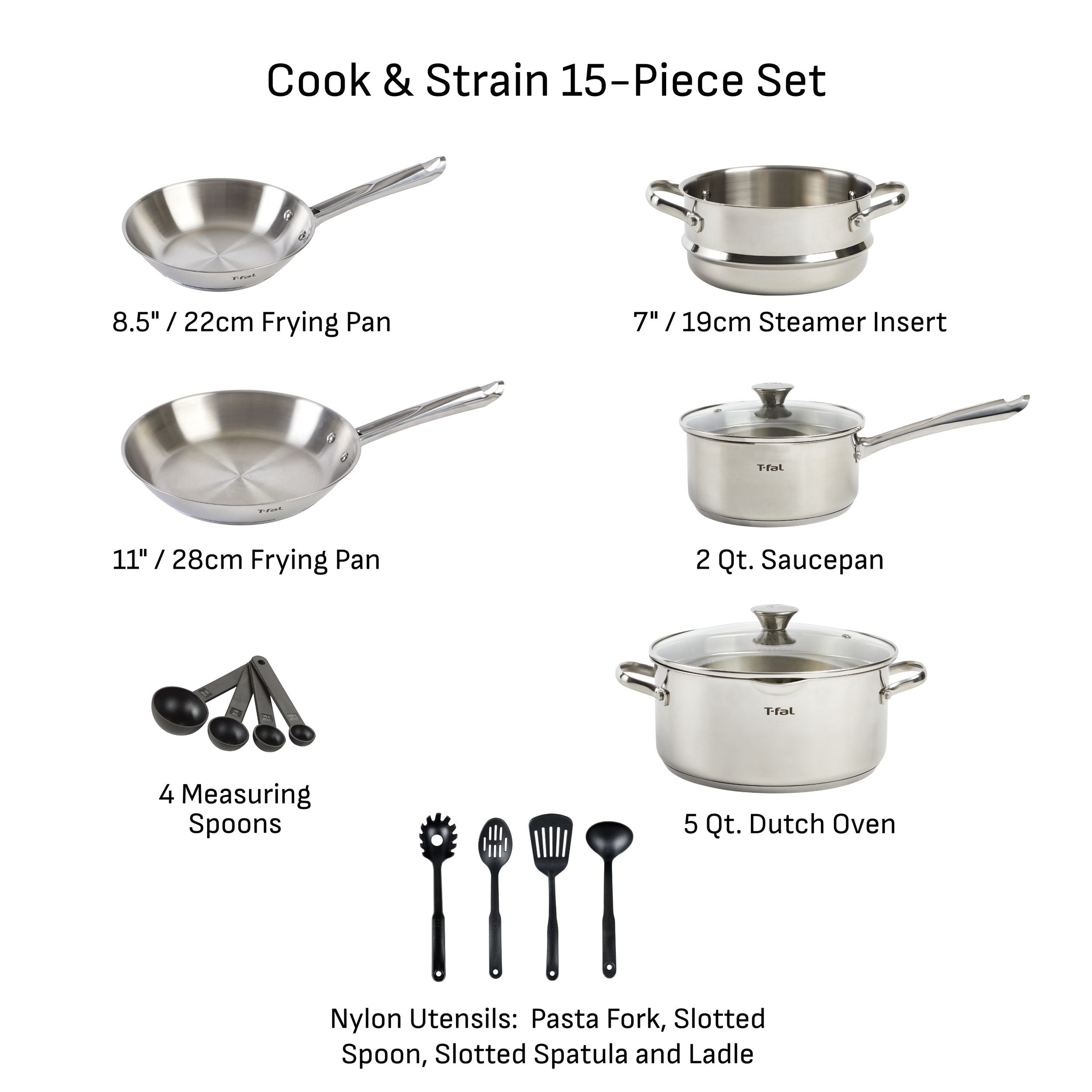 T-Fal Cook and Strain Stainless Steel Cookware Set, 15-pc