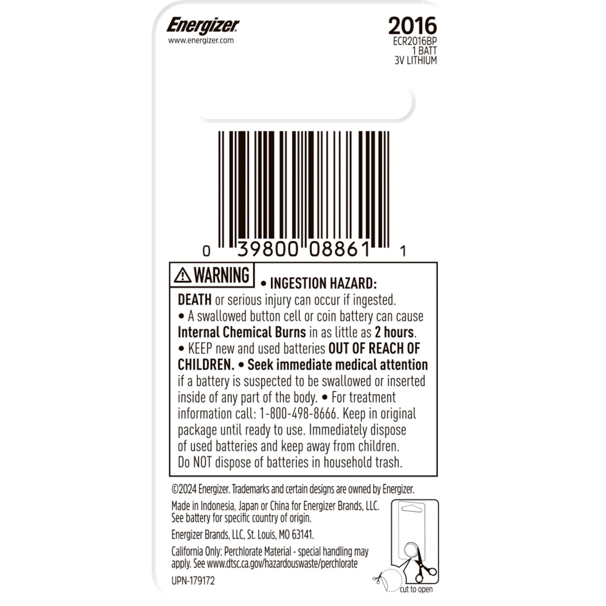 Energizer 3V / 3 Volt Lithium Coin Cell CR2016 Battery for Watches and Electronics, 1-pk