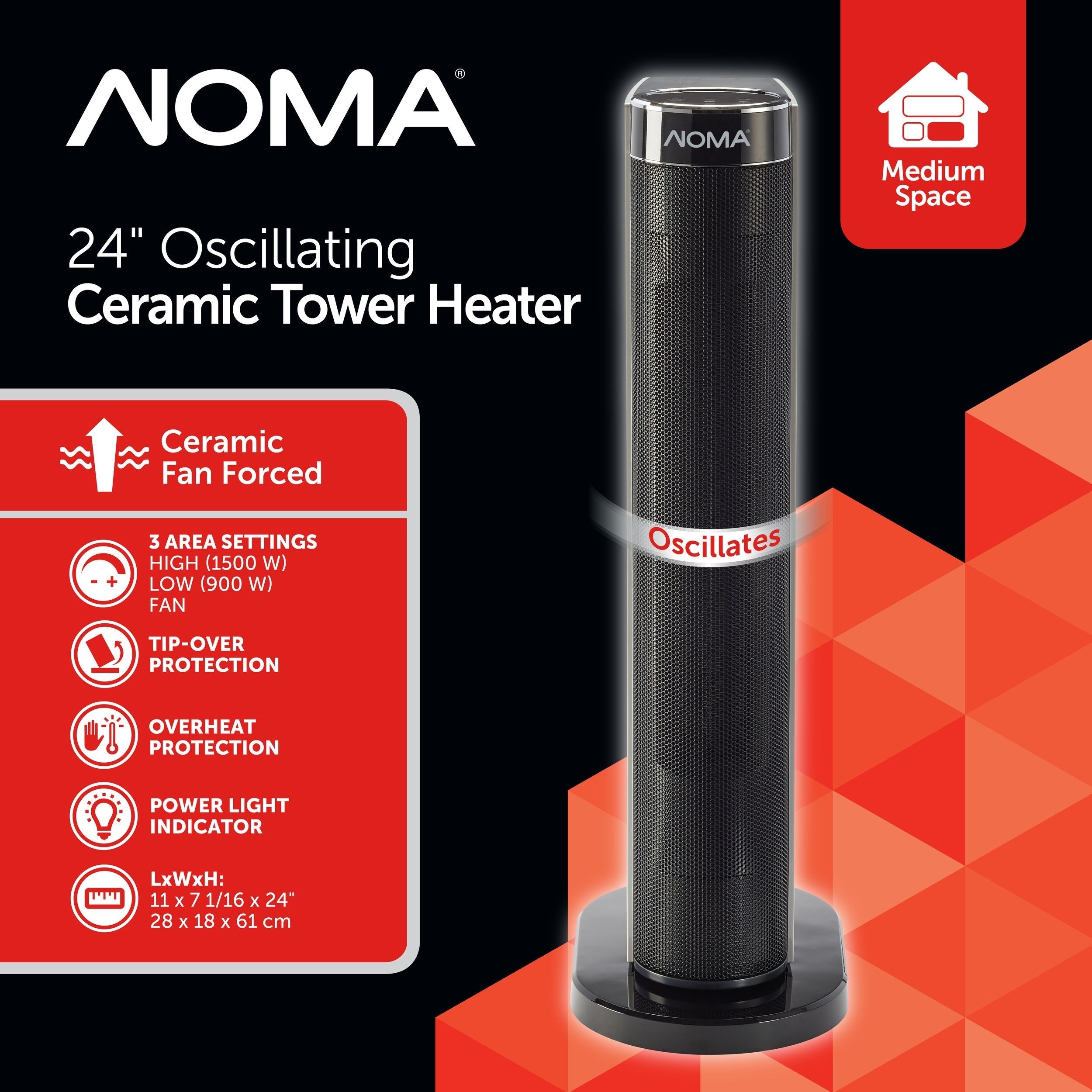 NOMA Digital Tower Ceramic Heater withRemote Control & Thermostat, 1500W, White, 24-in