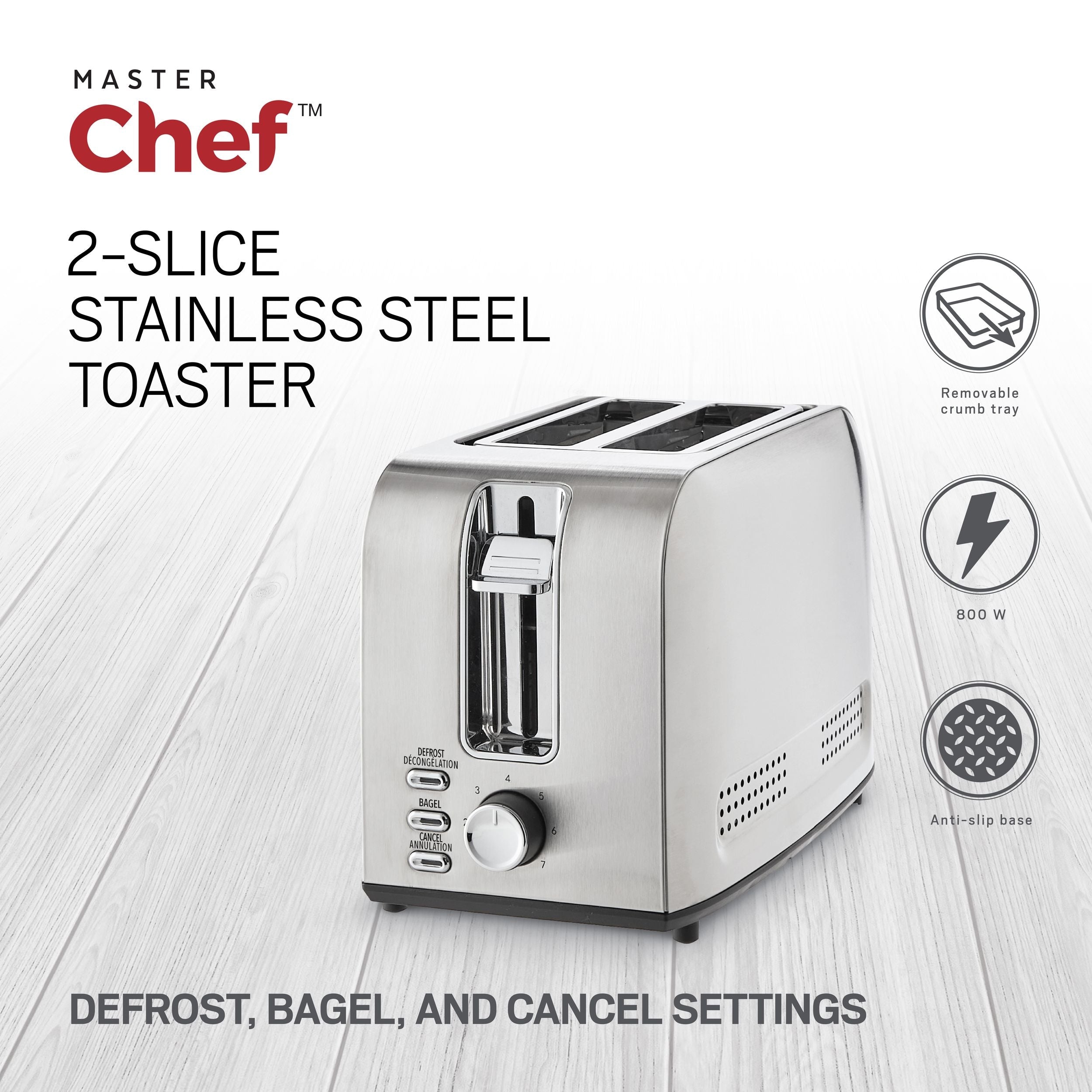 MASTER Chef Stainless Steel Toaster with 3 Settings, 2-Slice