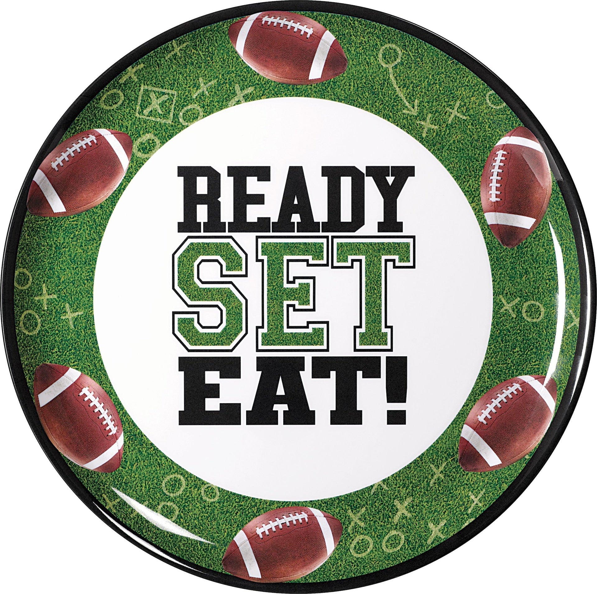 Football "Ready Set Eat" Round Plastic Melamine Reusable Serving Platter, Green, 13.5-in, for Sports Party