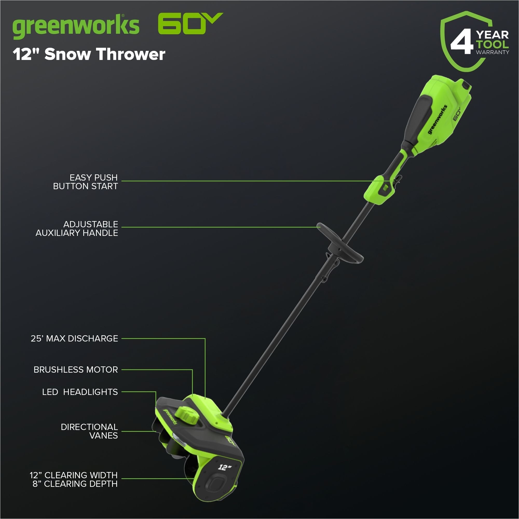 Greenworks 60V Snow Shovel with Directional Vanes, 12-in (Tool Only)