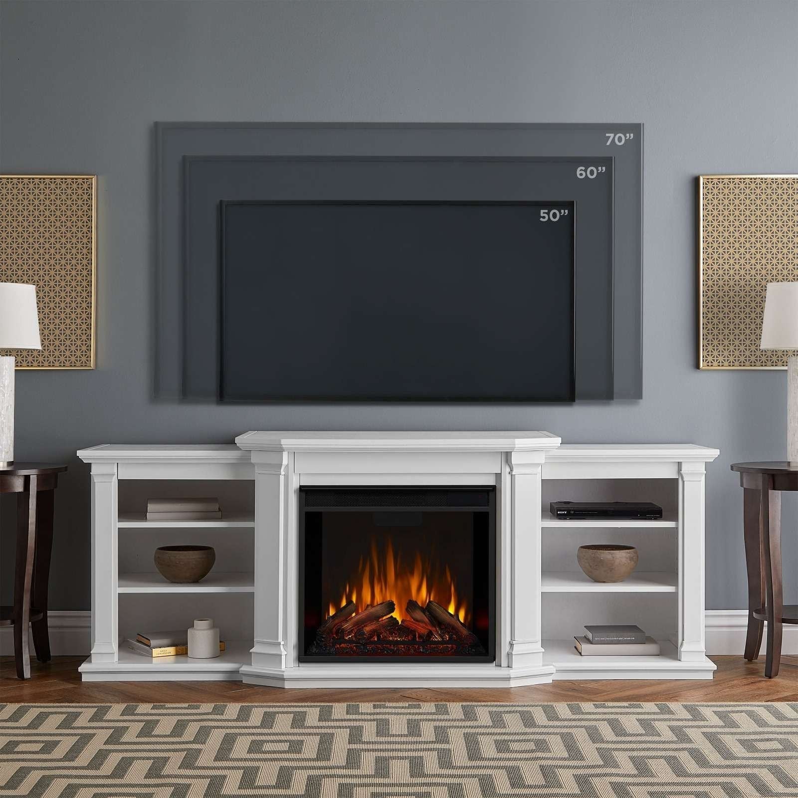 Real Flame Valmont Media Indoor Electric Fireplace TV Stand, 74-in, 1500W, Includes Remote Control & Firebox, White